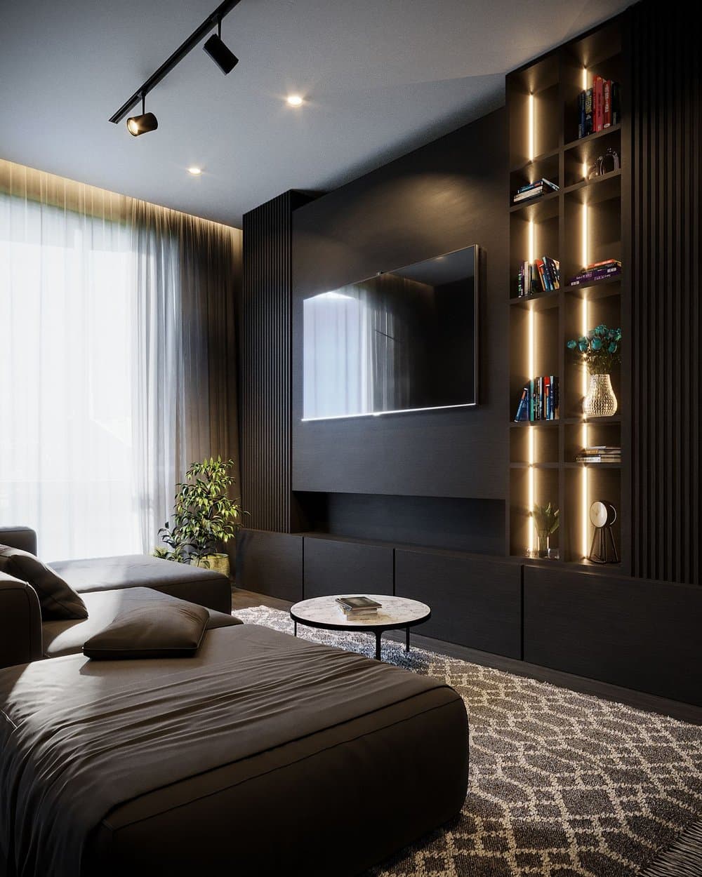 Dark, warmly lit residential interior with backlit shelving and track spotlights