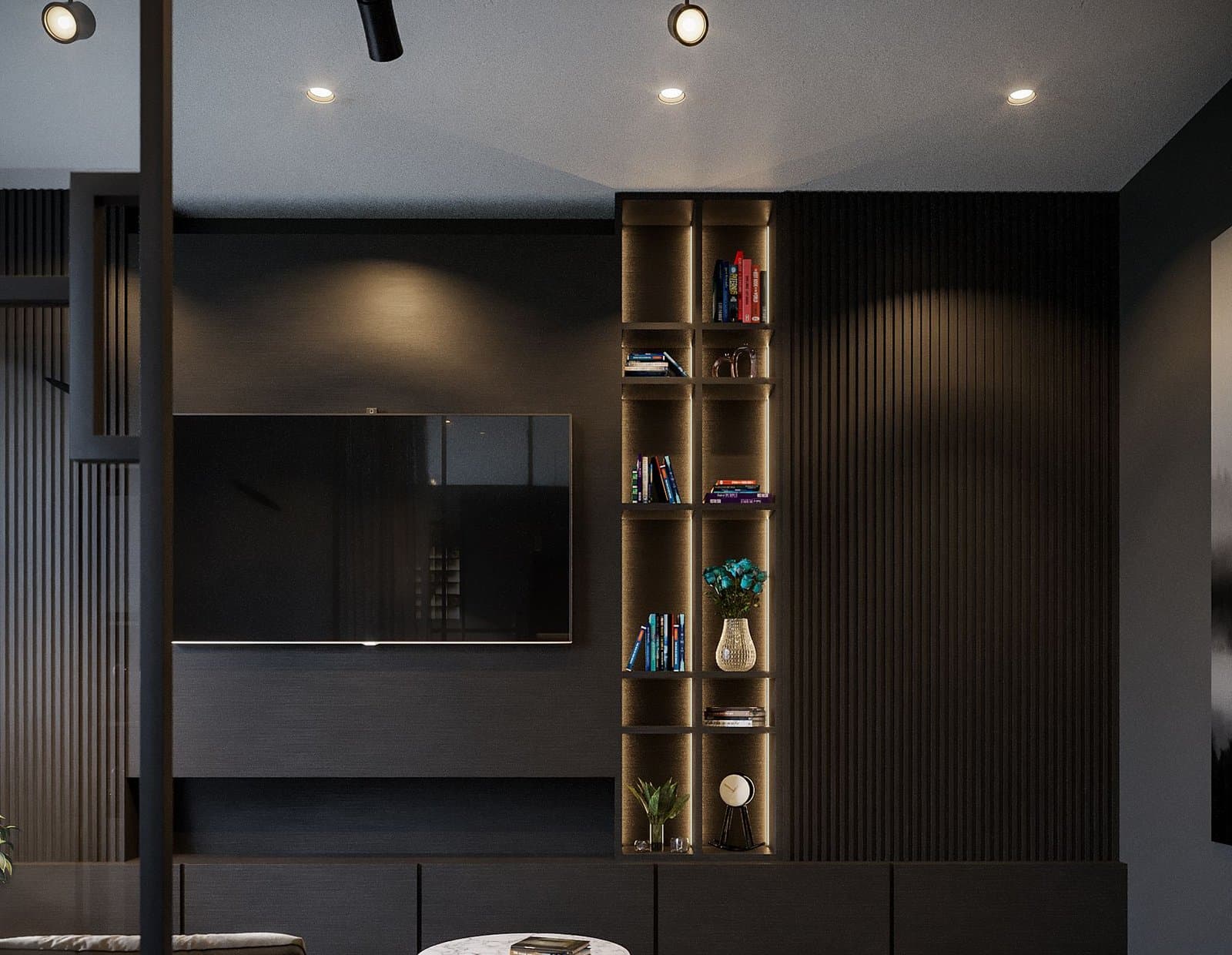 Black magnetic track spotlights over a dark living space with a backlit display wall